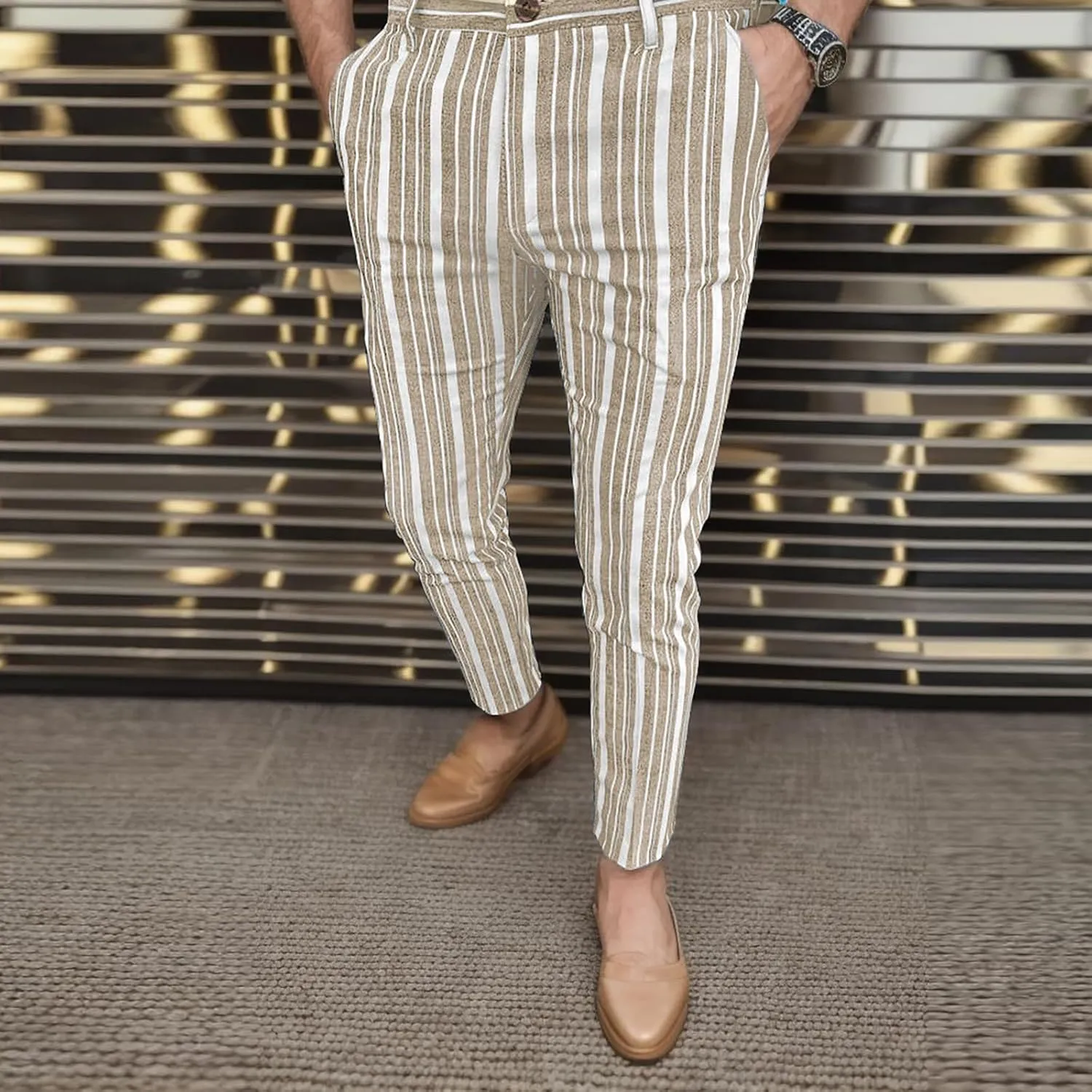 2023 Men's Chino Pants Skinny Fit Striped Flat-Front Trousers Stretch Slim Stylish Casual Business Dress Pants Suit Pant