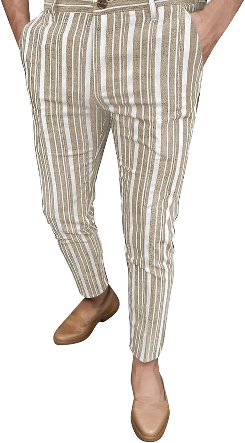 2023 Men's Chino Pants Skinny Fit Striped Flat-Front Trousers Stretch Slim Stylish Casual Business Dress Pants Suit Pant