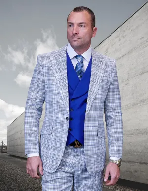 3pc Plaid Suit With Solid Color Contrast Double Breasted Vest. Super 180\'s Italian Wool Fabric. Modern Fit Flat Front Pants| LOUIS| Royal