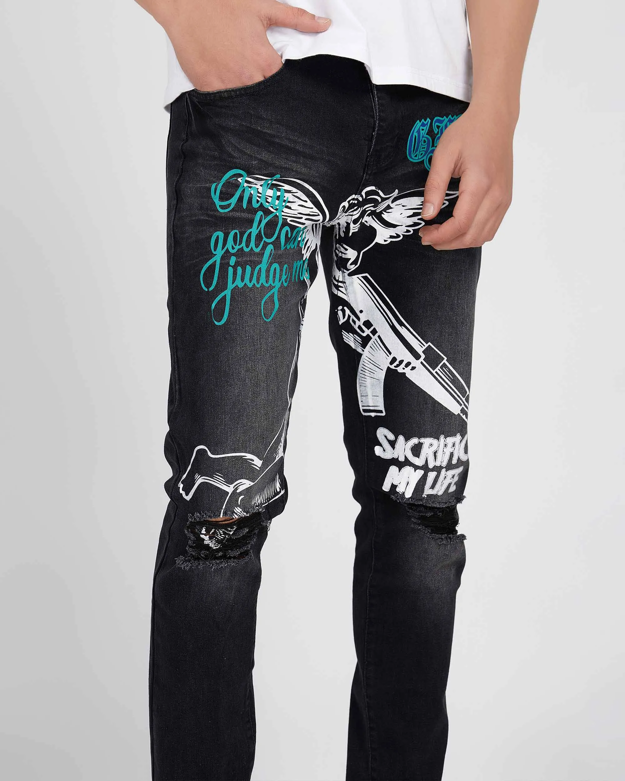 Black Slim Fit Ripped Jeans with Graffiti-Mexico Local Delivery