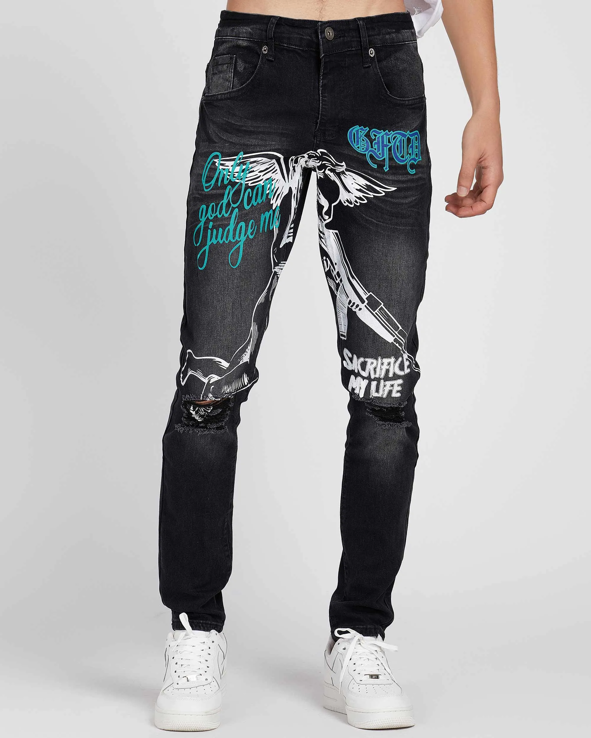 Black Slim Fit Ripped Jeans with Graffiti-Mexico Local Delivery