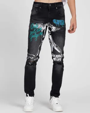 Black Slim Fit Ripped Jeans with Graffiti-Mexico Local Delivery
