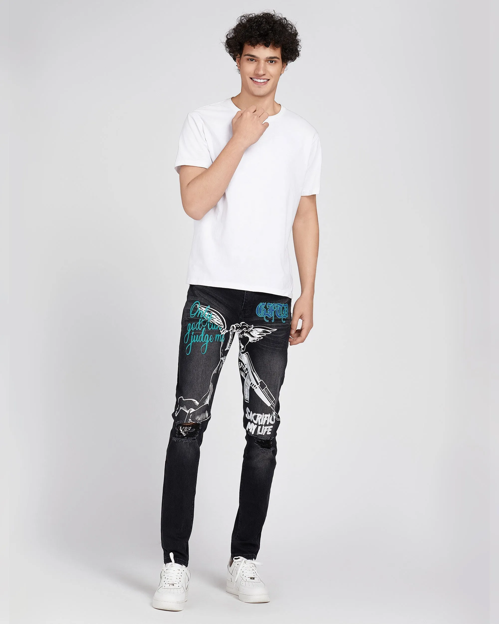 Black Slim Fit Ripped Jeans with Graffiti-Mexico Local Delivery