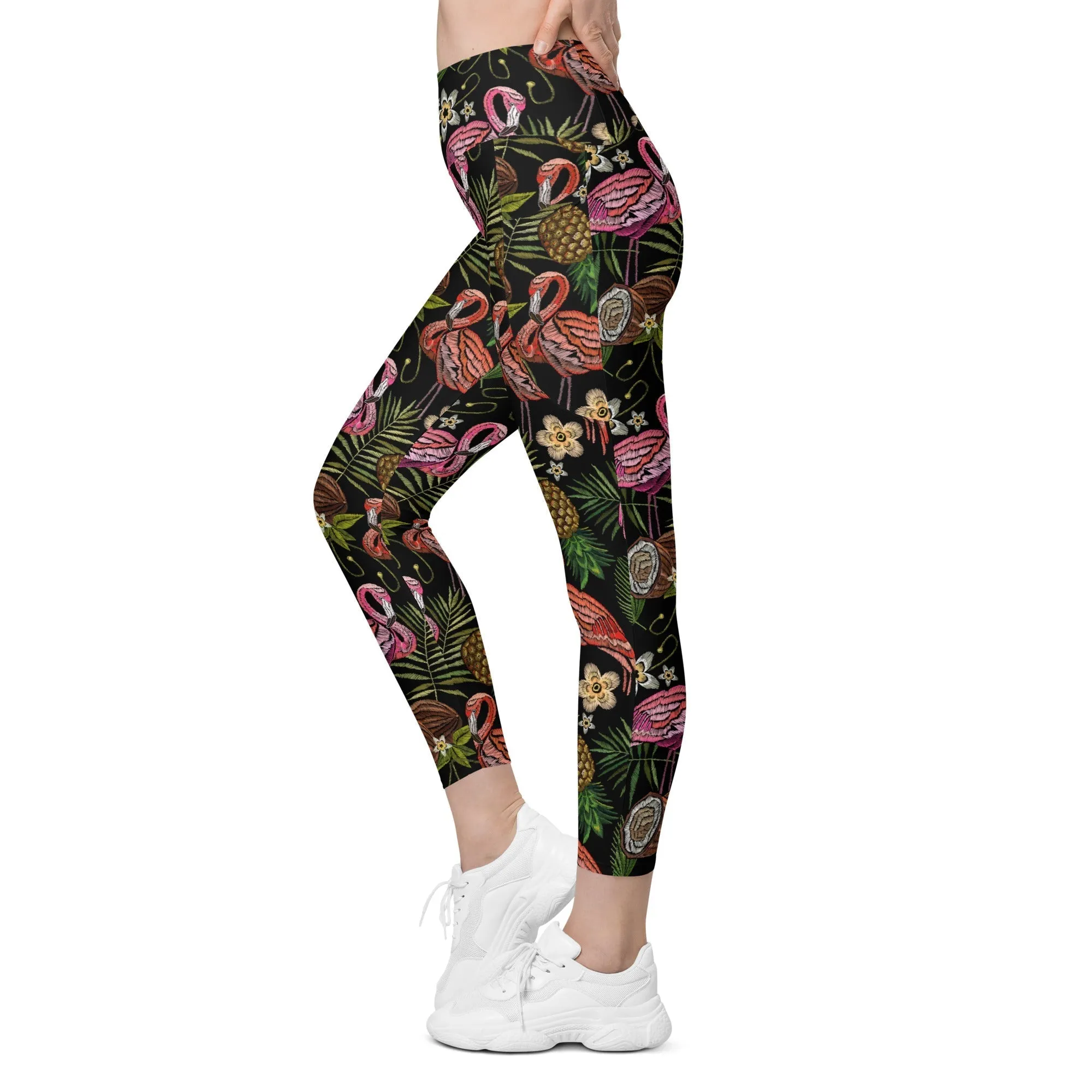 Embroidery Flamingo Leggings With Pockets