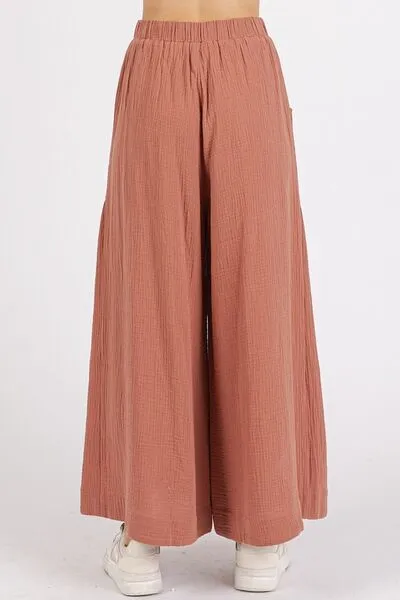 Gauze Elastic Waist Pleated Wide Leg Pants