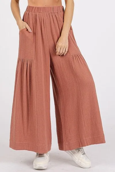 Gauze Elastic Waist Pleated Wide Leg Pants