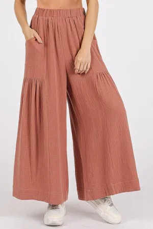 Gauze Elastic Waist Pleated Wide Leg Pants