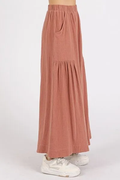 Gauze Elastic Waist Pleated Wide Leg Pants