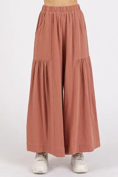 Gauze Elastic Waist Pleated Wide Leg Pants