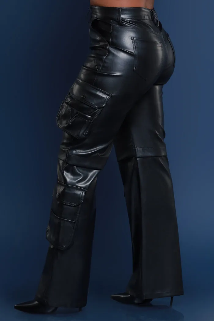Get A Grip Faux Leather Cargo Pants - Black