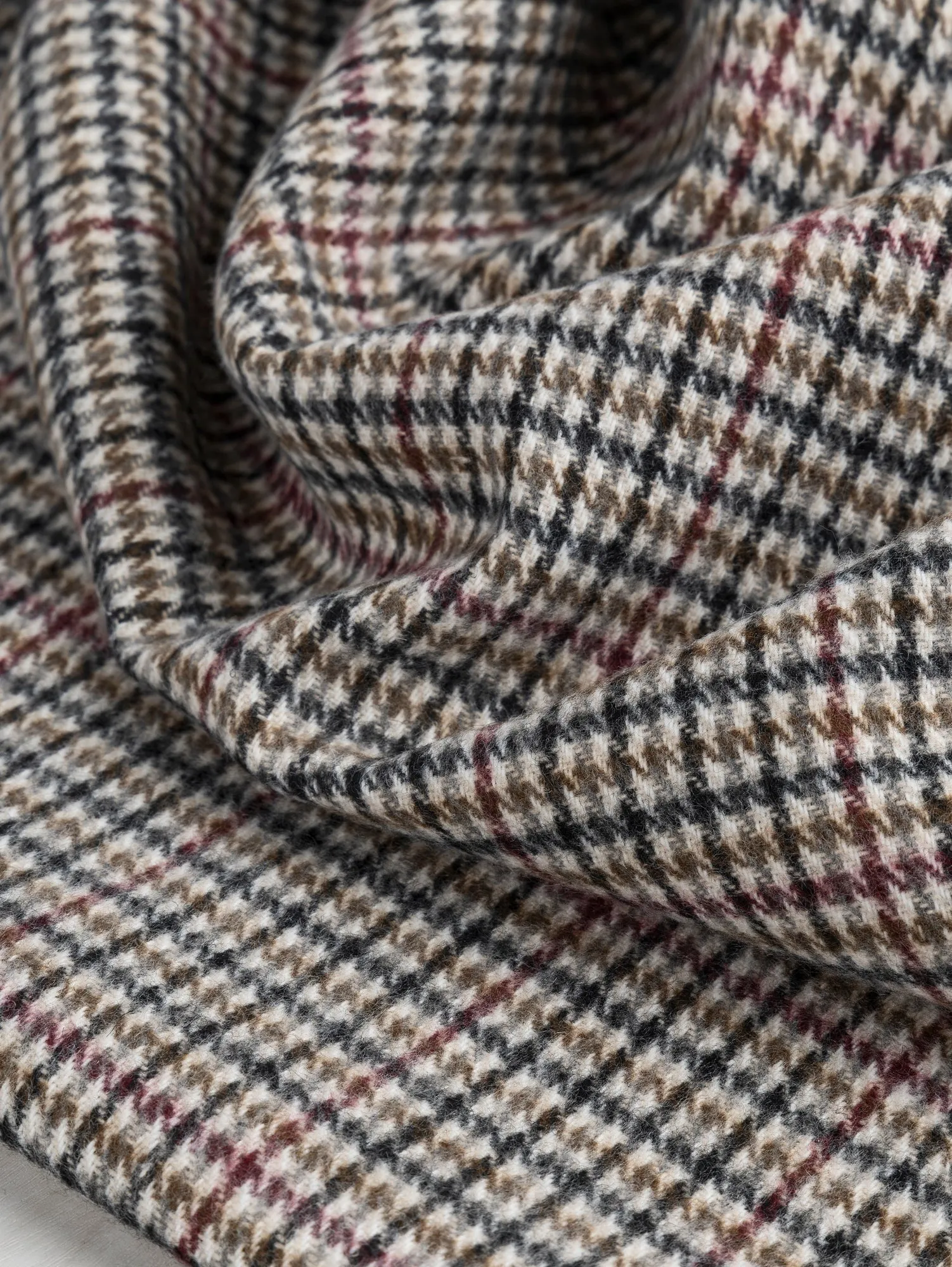 Houndstooth Wool Blend Heavy Suiting Deadstock - Cream   Black   Ochre   Bordeaux - Swatch