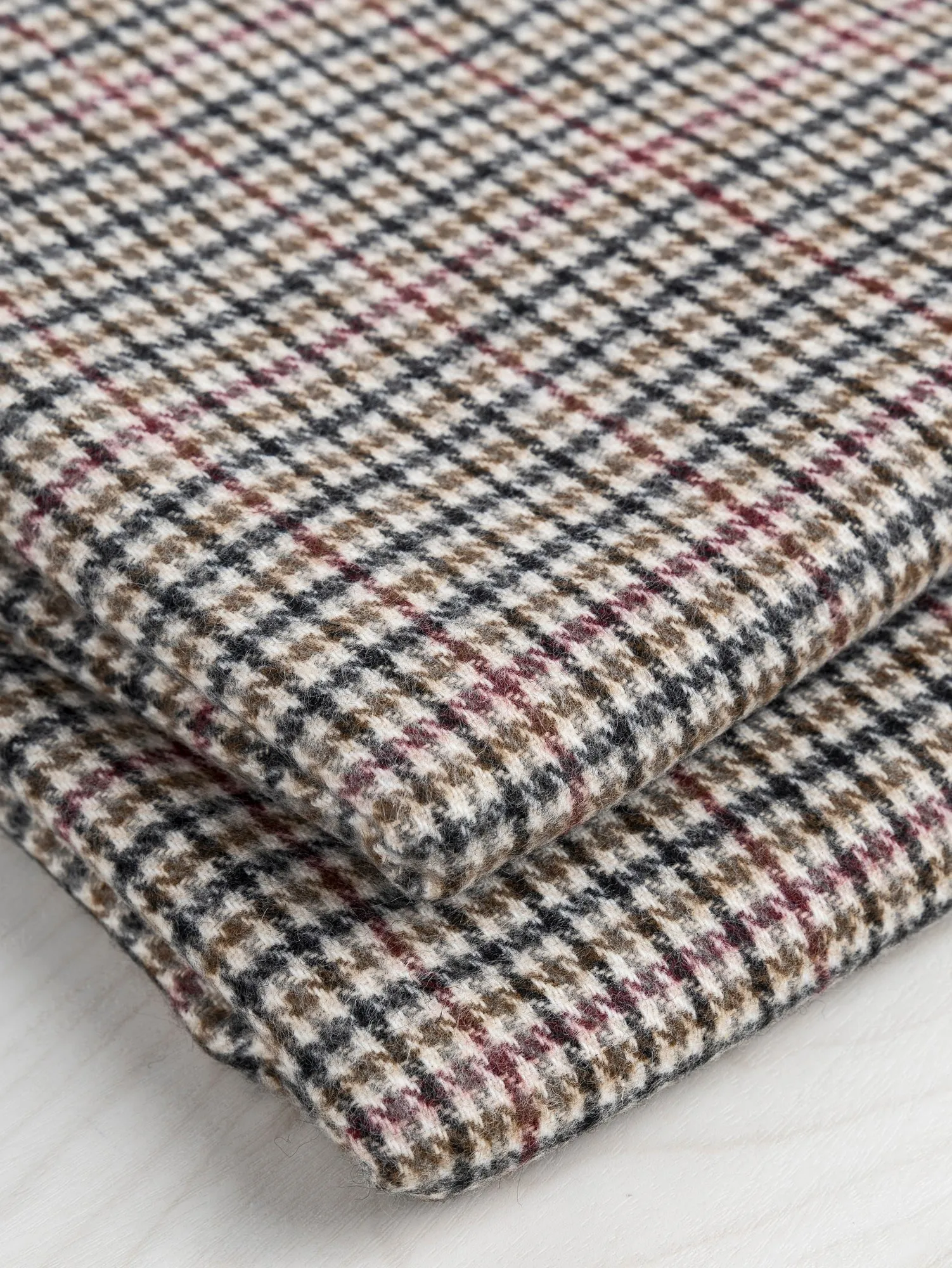 Houndstooth Wool Blend Heavy Suiting Deadstock - Cream   Black   Ochre   Bordeaux - Swatch