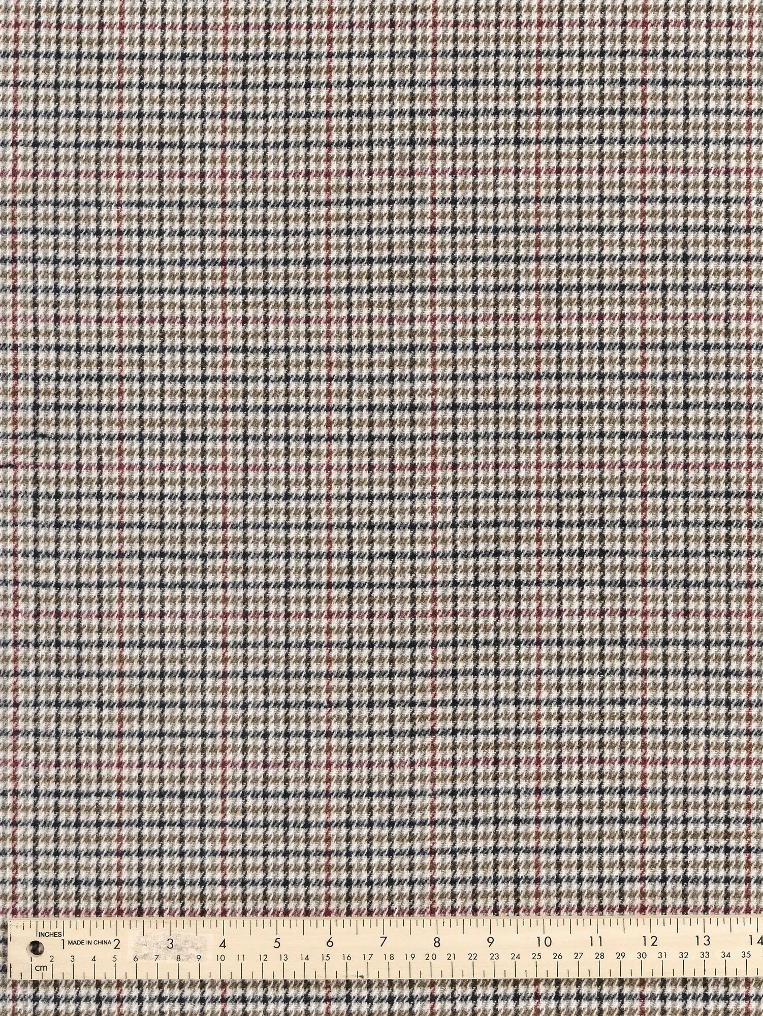 Houndstooth Wool Blend Heavy Suiting Deadstock - Cream   Black   Ochre   Bordeaux - Swatch