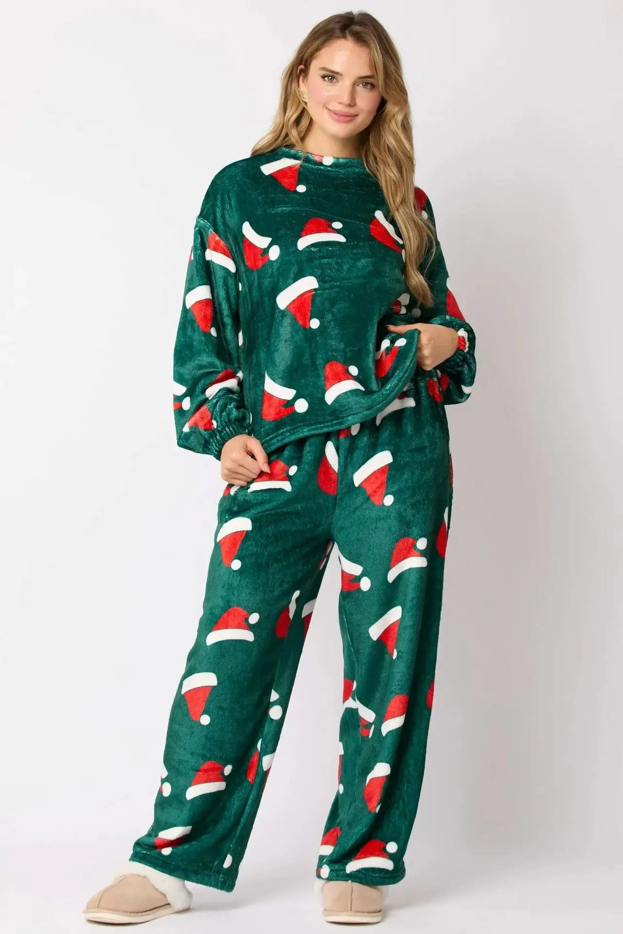 long sleeve trousers suit Women's Christmas Hat Pajamas Long Sleeve Trousers Suit