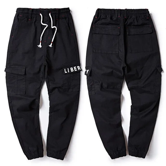 Men's Harem Cargo Pants Fashion Letter Print Elastic Waist Big Pocket Beam Foot Casual Pants Male Trousers