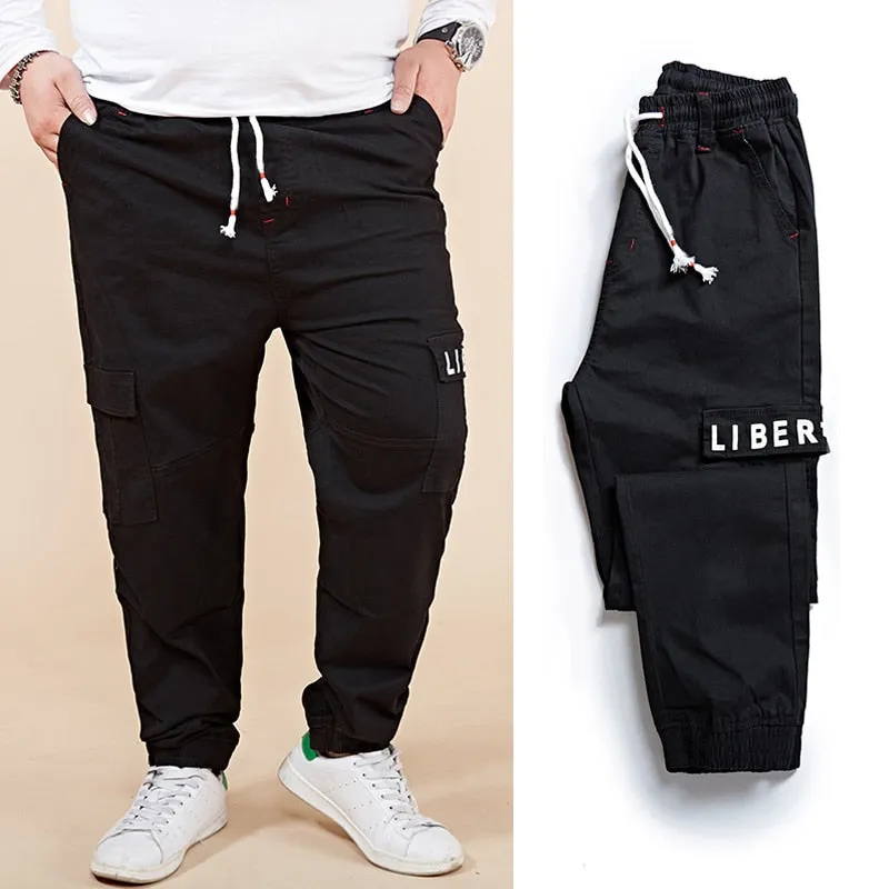 Men's Harem Cargo Pants Fashion Letter Print Elastic Waist Big Pocket Beam Foot Casual Pants Male Trousers