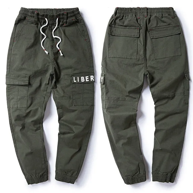 Men's Harem Cargo Pants Fashion Letter Print Elastic Waist Big Pocket Beam Foot Casual Pants Male Trousers