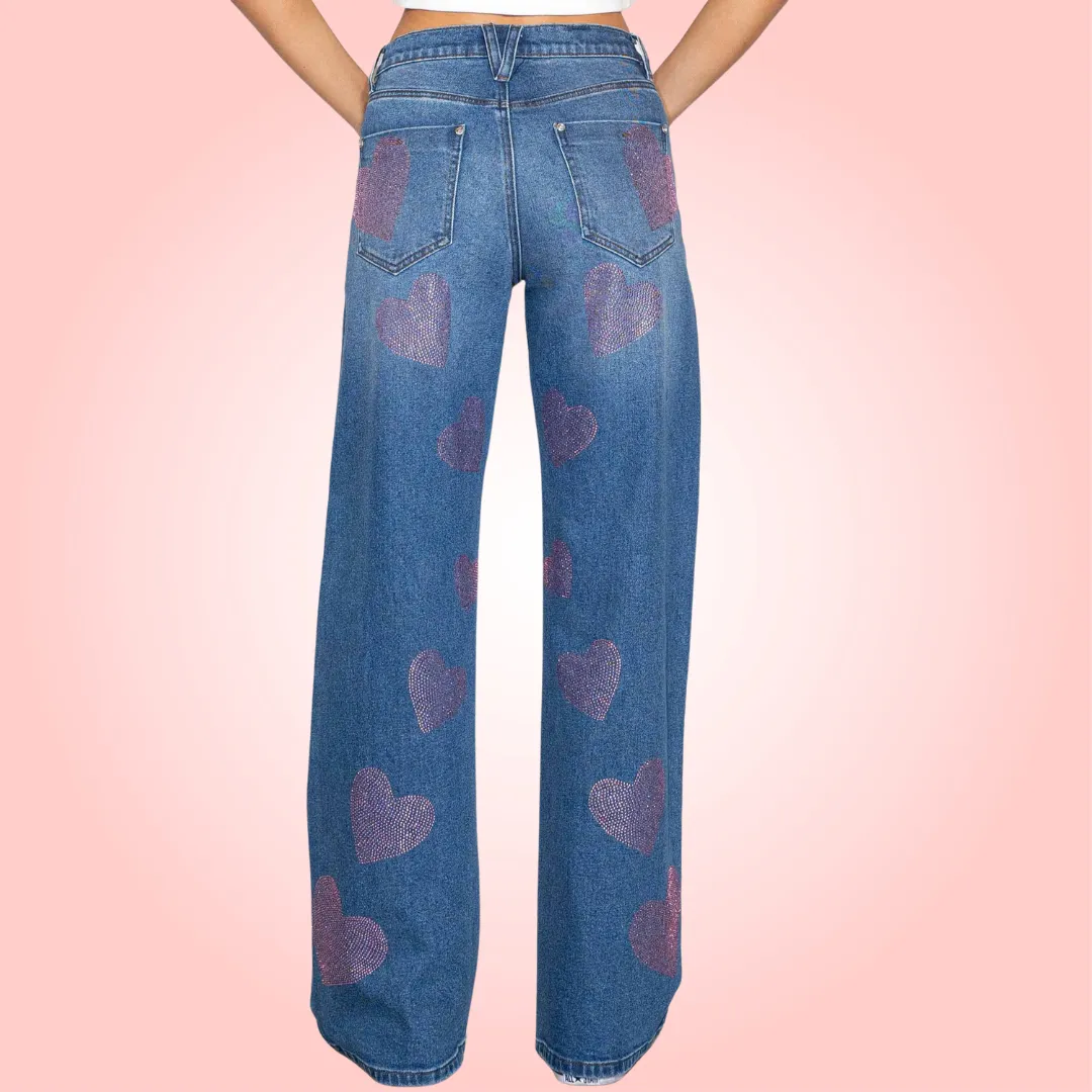 Pink Rhinestone Wide Jeans