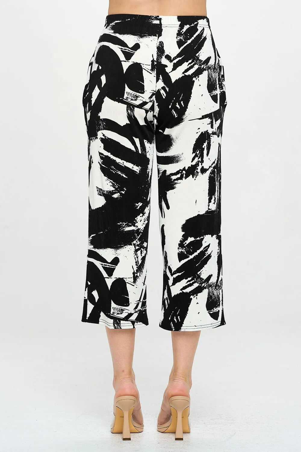 Print Elastic Waistband Ankle Pants with Pockets-5043BN-ARP1-K-W403