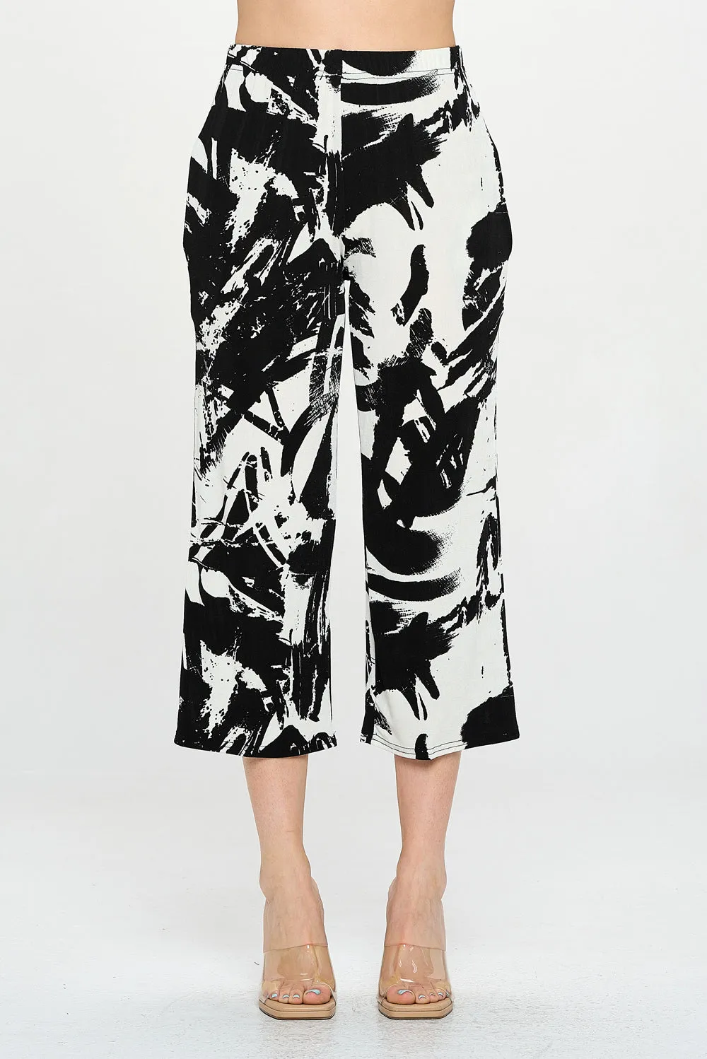 Print Elastic Waistband Ankle Pants with Pockets-5043BN-ARP1-K-W403