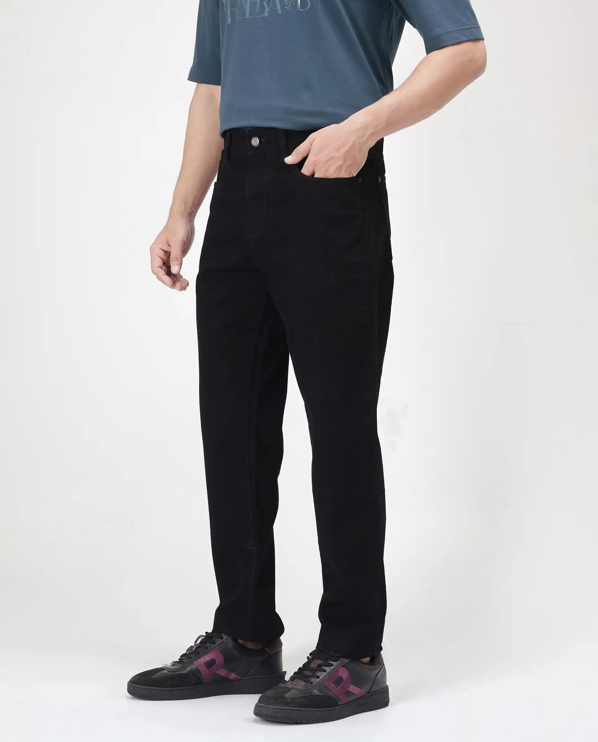 Rare Rabbit Men's Khal Black Cotton Fabric Zipper Closure Carrot Fit Plain Jeans