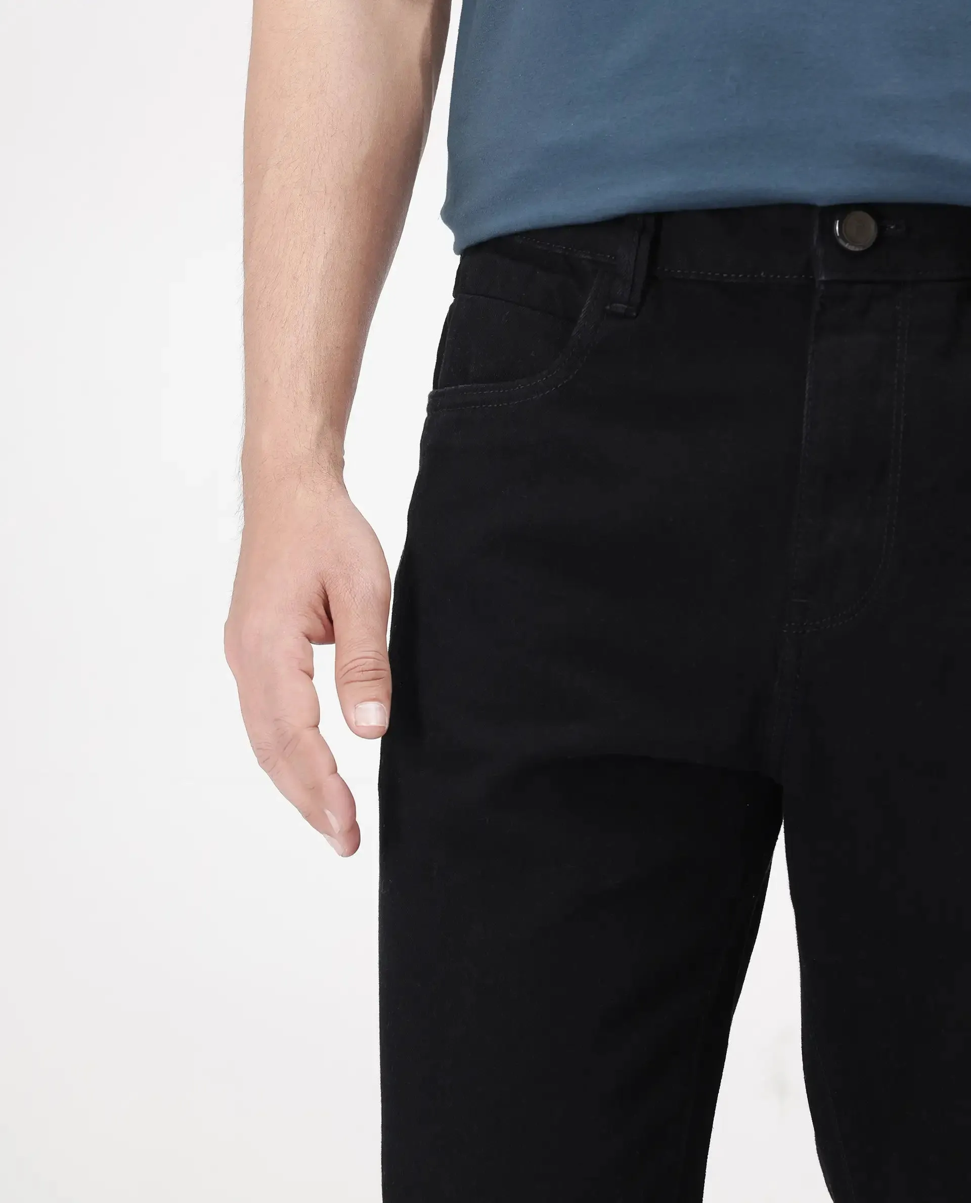 Rare Rabbit Men's Khal Black Cotton Fabric Zipper Closure Carrot Fit Plain Jeans