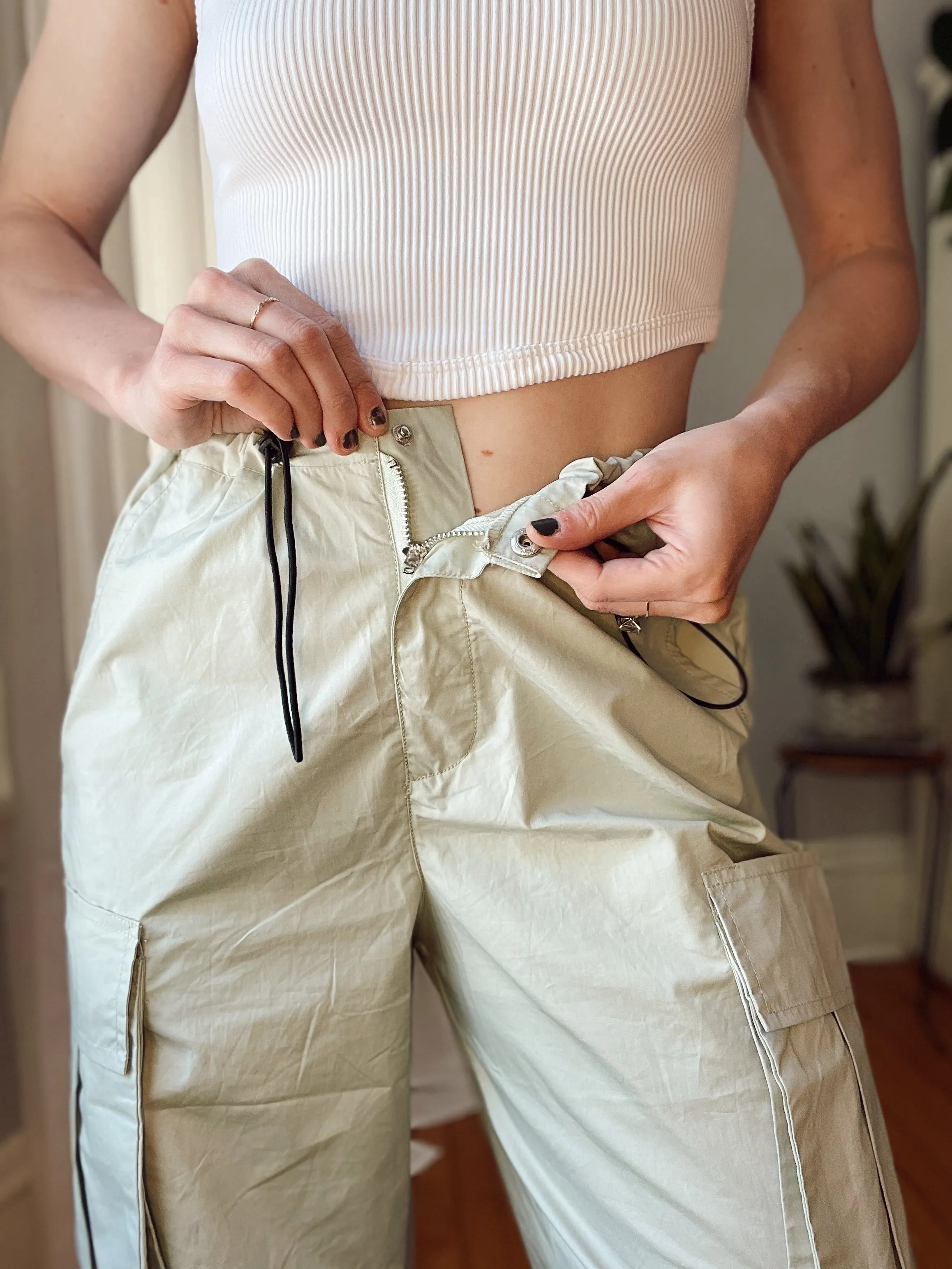 Sage Parachute Drawstring Cargo Pants