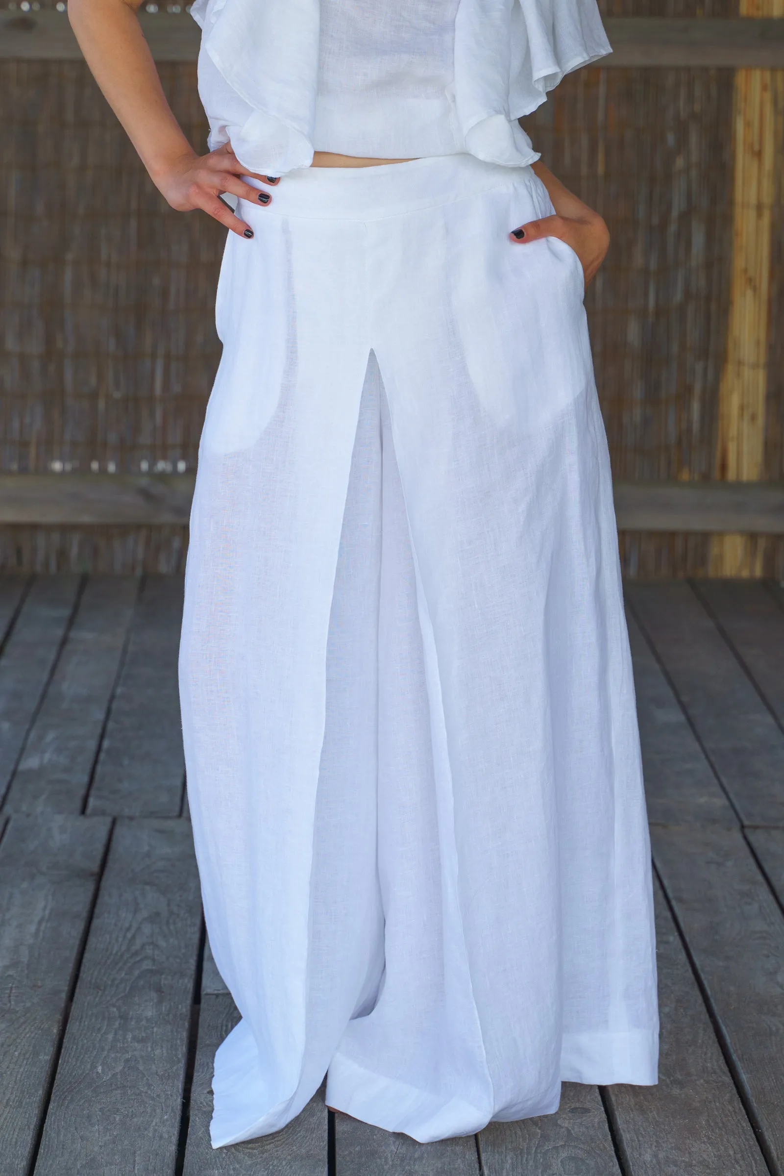 White Wide Leg Organic Linen Palazzo Pants