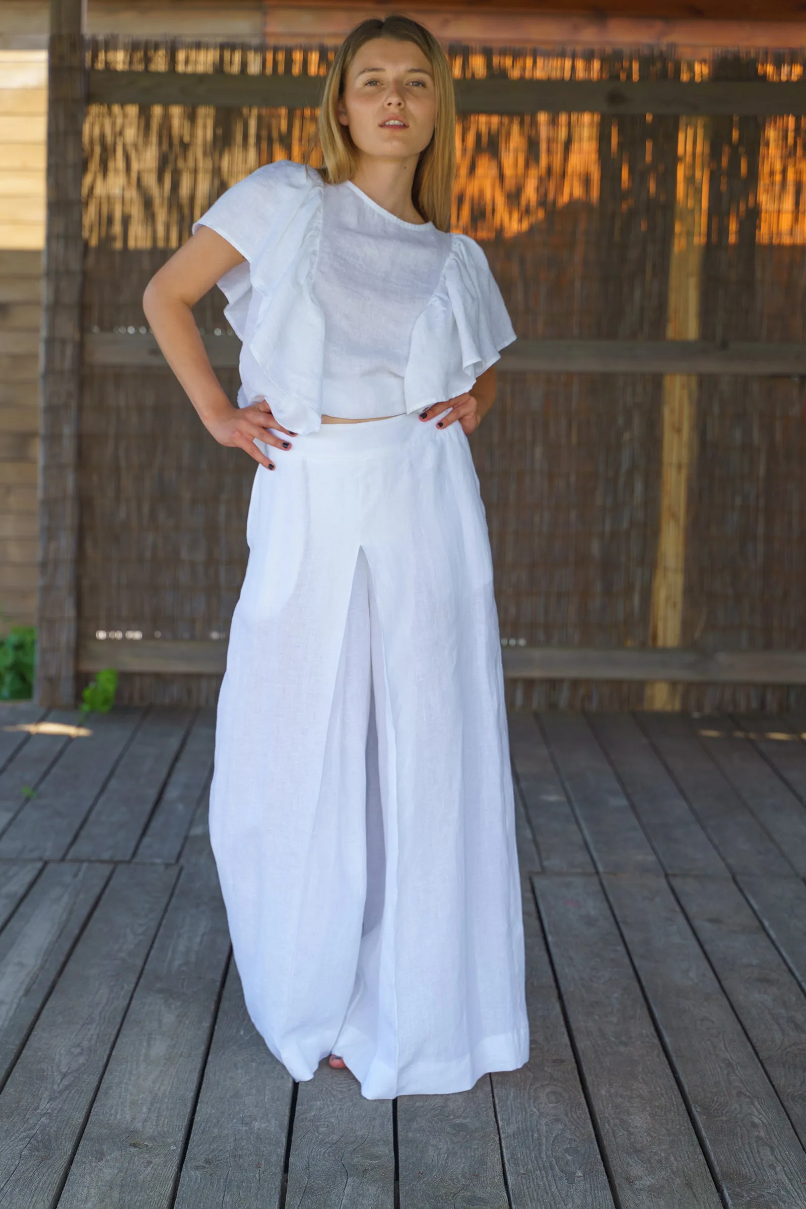 White Wide Leg Organic Linen Palazzo Pants
