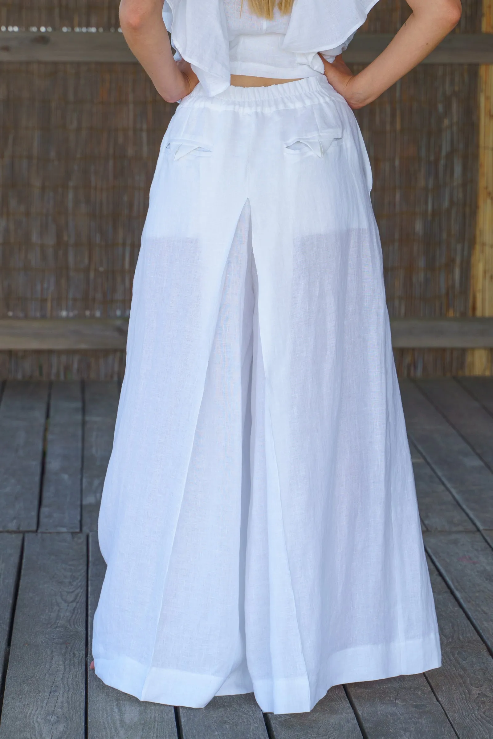 White Wide Leg Organic Linen Palazzo Pants