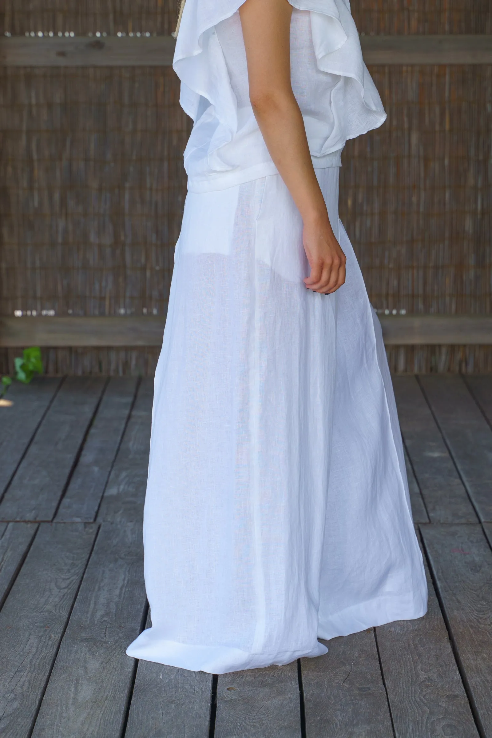 White Wide Leg Organic Linen Palazzo Pants