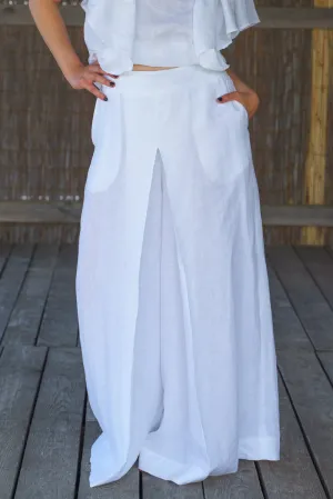 White Wide Leg Organic Linen Palazzo Pants